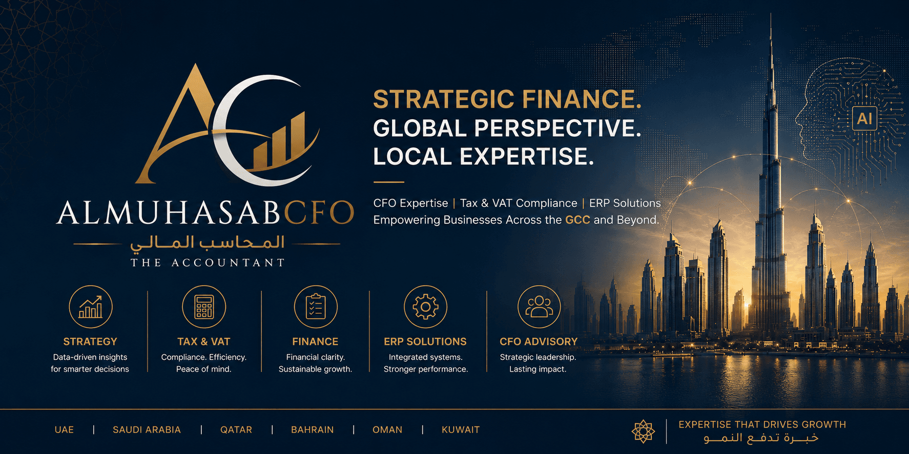Al Muhasab CFO — Strategic Finance. Global Perspective. Local Expertise. CFO expertise, tax & VAT compliance, and ERP solutions across the GCC.